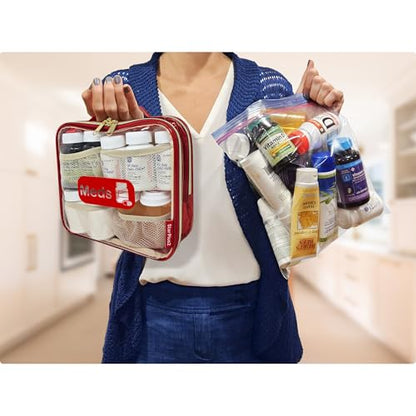 Medium Travel Pill Bottle Organizer, Clear Medicine Bag, 2 Zipper Compartments with Divider and Mesh Pockets, Easy View of Medications, Medical Supplies, and Toiletries, PVC - Red - color: - Pvc Red, size: M (Pack of 1)