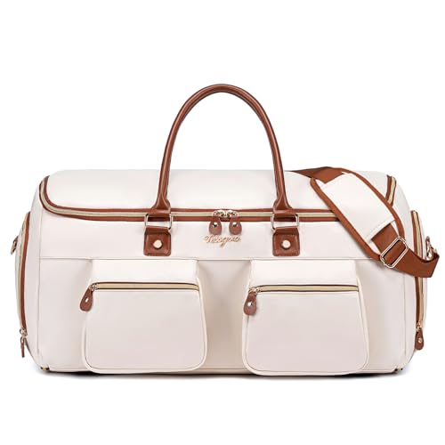 Convertible Garment Bag for Travel, PU Leather Carry On Garment Duffle Bag for Men Women, 2 in 1 Suit Travel Bags for Hanging Clothes with Shoe Compartment - color: Beige