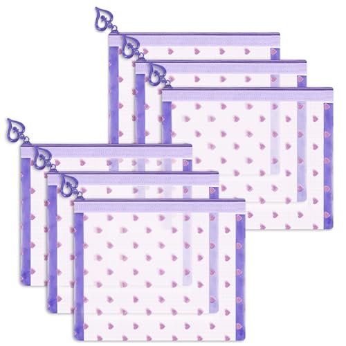 6 Pack Mini Zipper Mesh Makeup Bags, Heart Print Nylon Cosmetic Bags Toiletry Bags for Office Travel Organization (Purple, S) - color: Purple, size: S