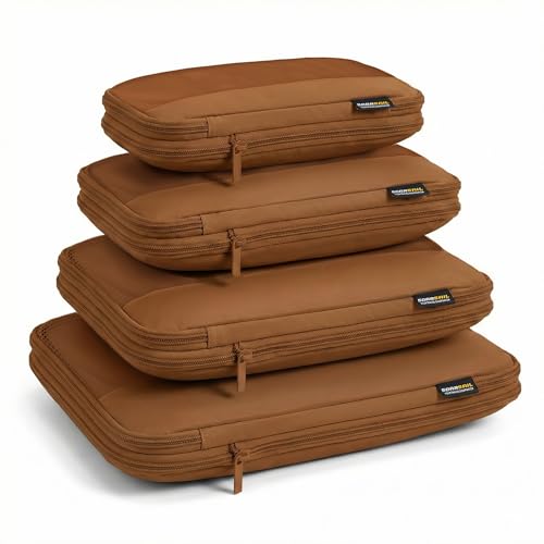4 Piece Compression Packing Cubes for 3–7 Day Travel, Light Brown | Wrinkle-Resistant Memory Fabric, Breathable Mesh Panel, Double-Zipper, Small to Large Size Bag, Smart Organization - color: Light Brown