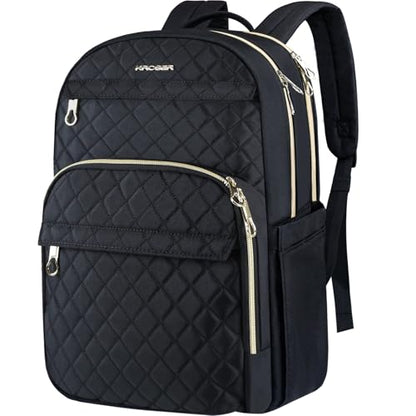 KROSER Laptop Backpack 15.6 Inch Stylish Daypack with USB Charging Port, Water-repellent Nylon Backpack Backpack for Travel/Business/Women/Black - color: Quilted Black