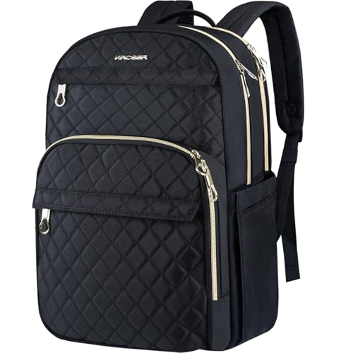 KROSER Laptop Backpack 15.6 Inch Stylish Daypack with USB Charging Port, Water-repellent Nylon Backpack Backpack for Travel/Business/Women/Black - color: Quilted Black