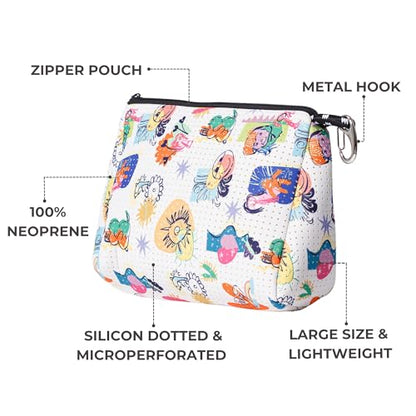 POPUPS Large Makeup Bag with Zipper - Waterproof Neoprene Cosmetic Bag 7.7 x 10.75 x 5 inches - color: Print Construyendo Futuros White