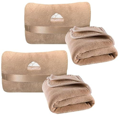 BlueHills 2-Pack Mini Premium Soft Plush Travel Blanket Pillow Airplane Essentials for Two in bag Flight Traveling Warm Portable Plane Blankets Compact Cozy Traveler Backpack Blankets Warm Beige - M26 - color: Beige-2pk-m26