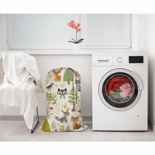 Swono Woodland Animals Laundry Bag with Strap Machine Washable Large Dirty Clothes Organizer Trees Mushrooms Berries Rabbit Owl Easy Fit Laundry Hamper or Basket, Carry Up to 4 Loads of Laundry - color: Woodland Animals