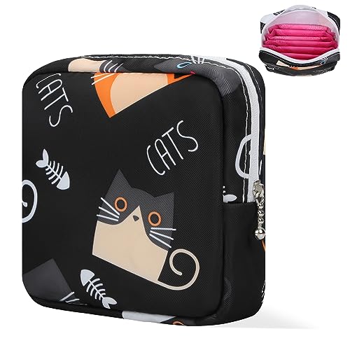Likesing Period Bag Pouch, Canvas Sanitary Napkin Storage Bag for Girls Womens, Portable Sanitary Napkin Period Pad Pouch Bag for Purse, Small Make Up Bags(5170, Black) - color: Black with Cat, 1 Pack