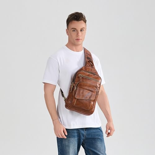 LANNSYNE Full Grain Leather Casual Sling Bag For Men Hiking/Travel/Business Crossbody Chest Bag Fits 12.9" iPad - color: Orangefor 12.9 Ipad