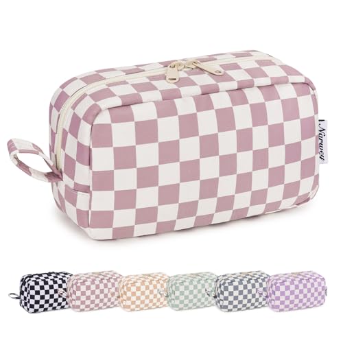 Narwey Checkered Makeup Bag, Travel Cosmetic Bag Organizer, Toiletry Bag Make Up Bags with Organized Pockets for Women (Dusty Rose Checkerboard, Large) - color: AA-Dusty Rose Checkerboard, size: Large