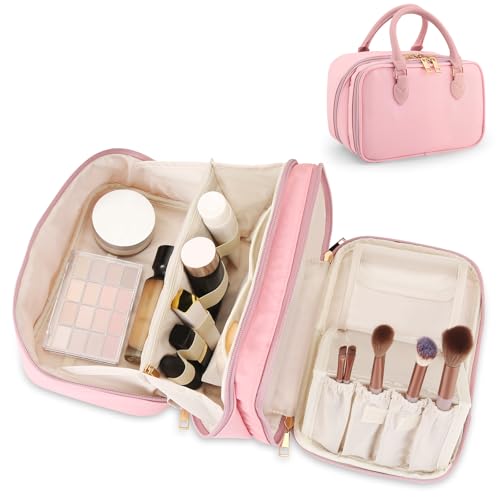 Travel Makeup Bag for Women Fashion Large Capacity Pouch Open Flat Cosmetic Portable Organizer Waterproof Large Opening Storage Toiletry Bags Vertical Free-Standing Brush Holder for Easy Access Pink - color: Pink