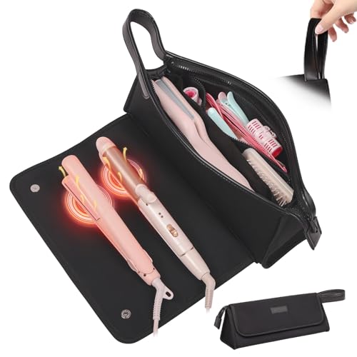 JKAOO Hair Tools Travel Bag and Heat Resistant Mat, 2 in 1 Portable Organizer Hair Travel Case for Curling Iron, Hair Straightener, Flat Irons, PU Hangable Handle, Neoprene (Elegant Black) - color: Elegant Black