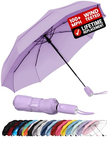 Repel Windproof Travel Umbrella - Compact & Withstands Winds up to 100MPH , Strongest Premium Auto Folding Umbrella for Rain and Sun - Durable, Light & Portable for Women & Men , Fits Backpack & Cars - color: Pastel Lavendar