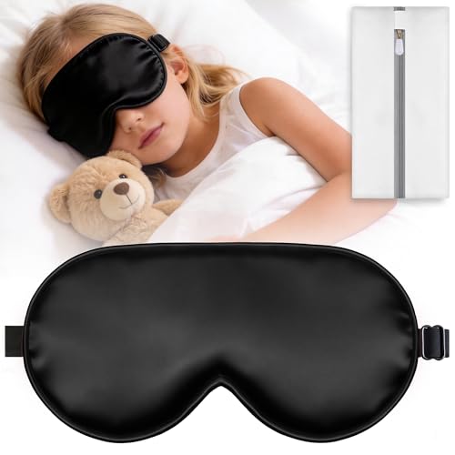 Kids Sleep Mask, Kids Eye Mask for Boys Girls, Kid Silk Eye Masks with Adjustable Strap for Sleeping, 100% Light-Blocking Sleep Eye Cover, Includes Protective Laundry Bag (Black) - color: Black