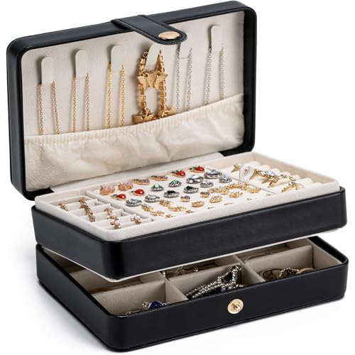 MODENGKONGJIAN Jewelry Organizer Box, 2-Layer Large Jewelry Storage Case, Portable Travel Jewelrys Display Holder for Earrings, Necklaces, Bracelets (Black, PU Leather) - color: 2 Layer-Black-PU Leather