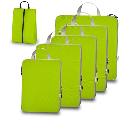 Compression Packing Cubes for Travel, Set of 6 Expandable Luggage Organizers with Shoe Bag, Lightweight Water-Resistant Suitcase Essentials for Carry-on & Checked Luggage, Green - color: Green, size: Set of 6