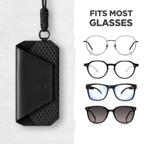 VULKIT Portable Leather Eye Glasses Case for Women & Men, Slim Sunglass Case, Unisex Eyeglass Case - color: Black With Lanyard