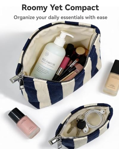 Travel Makeup Bag Set of 2, Preppy Jacquard Pouches for Purse , Navy Blue Striped Makeup Pouch with Smooth Zipper Soft Lining, for Cosmetic Car Organizer, Daily, Gifts, Portable Large & Small Toiletry - style: Striped Blue Canvas