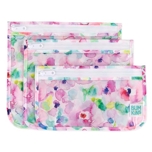 Bumkins Travel Bag, Toiletry, TSA Approved Pouch, Zip Bag, Quart Size Airline Compliant, Clear-Sided, Baby, Diaper Bag Organization, Makeup, Accessories, Packing, Set of 3 Sizes, Watercolors Floral - color: B5 Watercolors, style: Bumkins