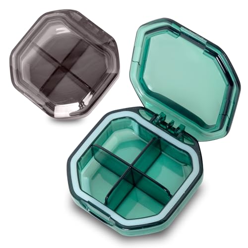 2 Pack Small Pill Organizer, 4 Compartment Pill Box for Travel, 2-Inch Portable Pocket Pill Case for Purse, Vitamin & Supplement Medication Organizer, Travel Essentials Container (Green+Grey) - color: Green+grey