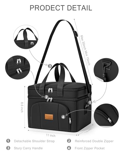 Rnivvi Lunch Box for Men, Double Decker Insulated Cooler Bag Lunch Bag Reusable Leakproof Tote Lunch Container with Strap for Work Family Picnic Hiking Camping, 18 Cans 12L, Large Adults, Black - color: Black