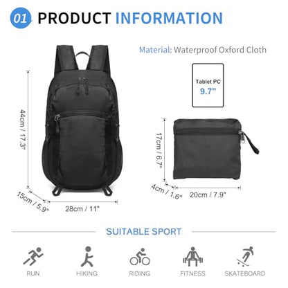 Hiking Daypack Packable, Camping Backpack Water Resistant Lightweight Polyester for Men Women Travel Outdoor - color: Black