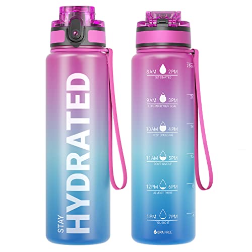 Sahara Sailor Water Bottle, 32/25/17oz Durable and Leakproof Water Bottles Motivational with Time Marker, Tritan, BPA Free, Wide Mouth with Easy Clean Brush for Gym, Travel, School, Office (1 Bottle) - color: Aurora Borealis, size: 25.4 Ounces