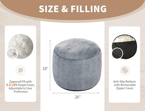 WSOFRLAC Round Pouf Ottoman Foot Rest Plush Ottoman Footstools for The Living Room Ottomans Stuffed Full of Foam Blocks 26"x18" Large Foot Stool Dark Grey Footrests Hassocks and Ottomans Set - color: Dark Grey, size: 26"D x 26"W x 18"H