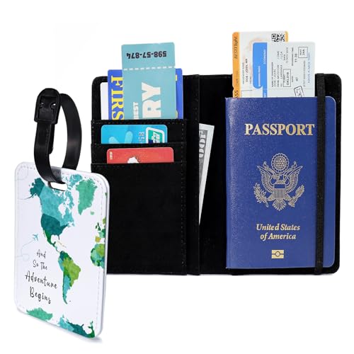PDE-QUNLIAN Passport Book Holder,Passport Wallet for Men Mr and Mrs Passport Holder for Women Passport Cover World Map Passport Case for Couples Christmas Traveling Luggage Tag 2PCS - color: Green Map 2pcs (Passport Holder + Luggage Tag)