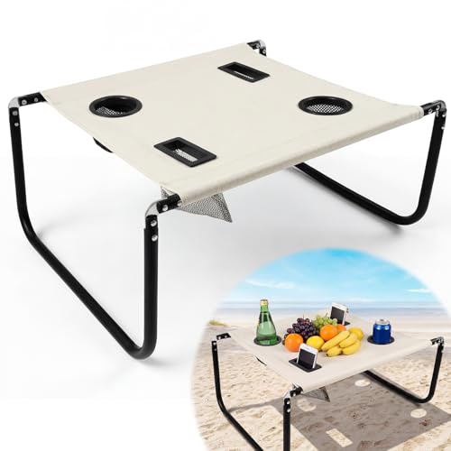 Portable Beach Table Foldable Camping Picnic Table with Cup Holder and Phone Pockets Lightweight Stable for Tailgate Travel Fishing Hiking and Outdoor Adventures(White,Solid Pattern) - color: White