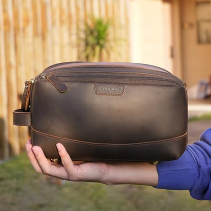 Polare Full Grain Leather Toiletry Bag for Men Large Travel Cosmetic Case Dopp Kit Shaving Kit Wash Pouch with YKK Zippers - color: Dark Brown