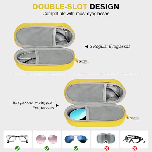 MoKo Double Eyeglass Case, Hard Shell Dual Glasses Case, Travel Sunglass Organizer with Zipper, Eyeglasses Storage Box - color: Yellow-oval