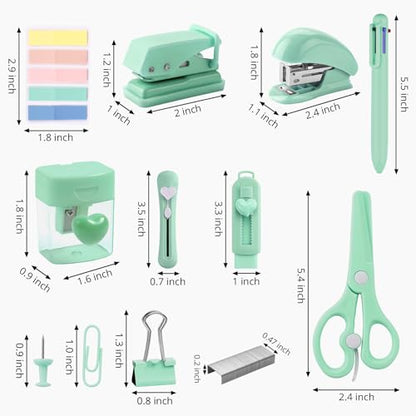 Green Mini Office Supply Kit Mini School Supplies Desk Accessory Set Includes Mini Stapler Pencil Sharpener Staple Remover Hole Punch Ballpoint Pen Scissor Box Cutter Paper Clips Sticky Index Tabs - color: Green