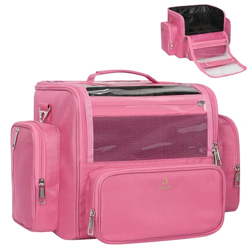 NAONAYA Pink Makeup Brush Bag, Clear Makeup Brush Holder with Lid, Extra Large Capacity Travel Cosmetic Bag Makeup Artist Must Haves,Make Up Organizers and Storage, with Adjustable Dividers - color: Pink