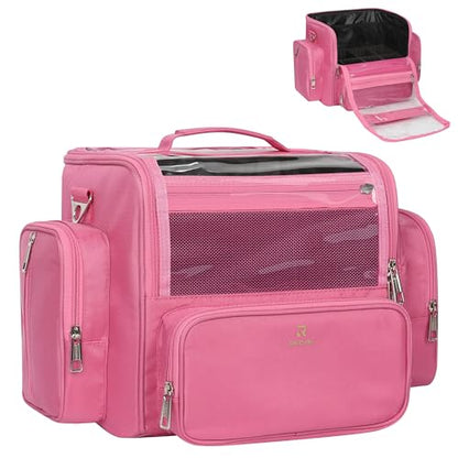 NAONAYA Pink Makeup Brush Bag, Clear Makeup Brush Holder with Lid, Extra Large Capacity Travel Cosmetic Bag Makeup Artist Must Haves,Make Up Organizers and Storage, with Adjustable Dividers - color: Pink