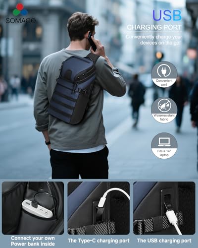 Somago Sling Backpack with USB Charging Port Water-Resistant Tactical Backpack Crossbody Chest Bag with Anti-theft Pocket (Navy) - color: Navy