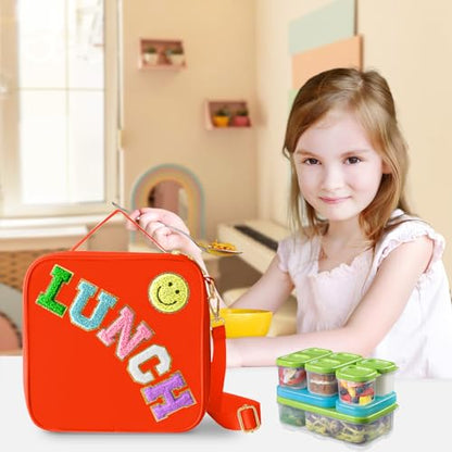 Insulated Lunch Bag With Adjustable Shoulder Strap, Nylon Preppy Lunch Box Large Insulated Lunch Bag Reusable Lunch Tote Bag with Smiley Preppy LunchBag for Girls School Travel Picnic (Orange) - color: Orange
