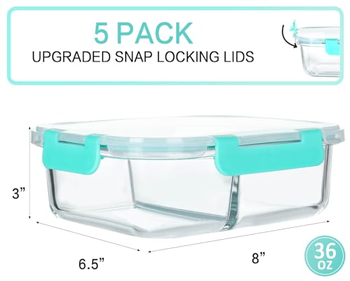 [5-Pack,36 Oz]Glass Meal Prep Containers 2 Compartments Portion Control with Upgraded Snap Locking Lids Glass Food Storage Containers, Microwave, Oven, Freezer and Dishwasher (4.5 Cups, Green) - color: Green