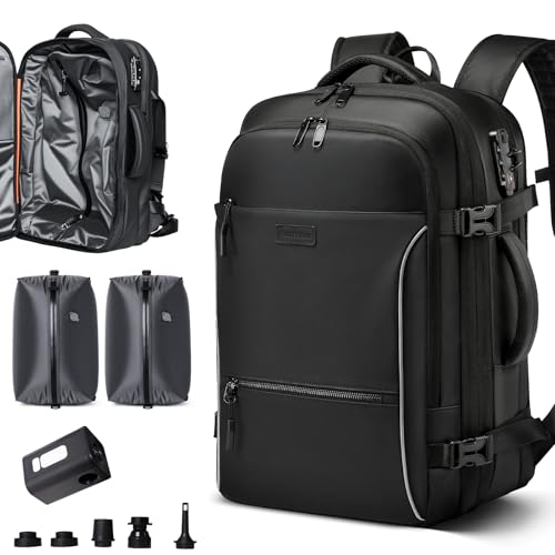 Vacuum Backpack Travel, 70L Expandable Carry On Backpack With Compression System, 2 Detachable TPU Vacuum Bags, TSA Lock, Water-Resistant, Fits 16" Laptop for Business & Travel