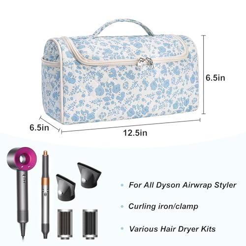 Quilted Hair Tools Travel Bag, Cute Portable Organizer Case with Hanging Hook, Compatible with Dyson Airwrap Styler,Hair Curler Accessories - color: Blue Flower