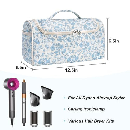 Quilted Hair Tools Travel Bag, Cute Portable Organizer Case with Hanging Hook, Compatible with Dyson Airwrap Styler,Hair Curler Accessories - color: Blue Flower