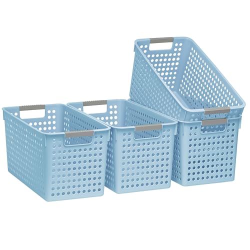 Soddeph Slim Plastic Storage Basket with Handles, Narrow Organizer box for Shelves, Organizer box for Organizing, Kitchen,Home,Office (Blue, Large) - color: Blue, size: Large