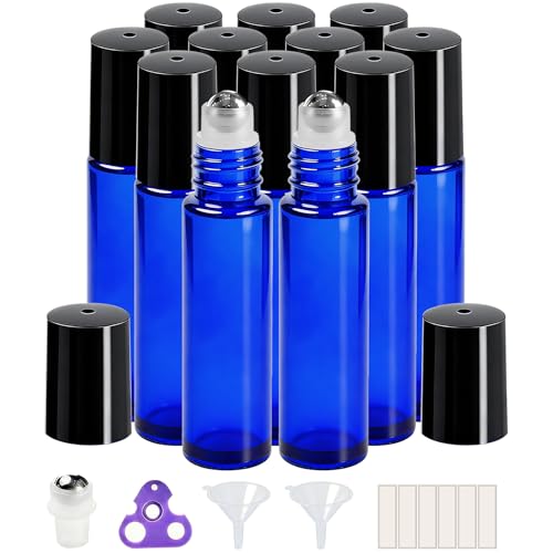 PrettyCare Roller Bottles 10ml (12 Pack Blue Glass, Black Cap, 24 Labels, 2 Extra roller balls, Opener, 2 Funnels) for essential oils, Roll on Bottles - color: Blue with Black Cap, size: 12 Pack
