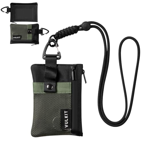 VULKIT Small Minimalist Wallet for Women and Men RFID Blocking, Zipper Coin Pouch with ID Window and Keychain, Water Resistant Travel Lanyard Wallet Army Green Black - color: Army-green-black