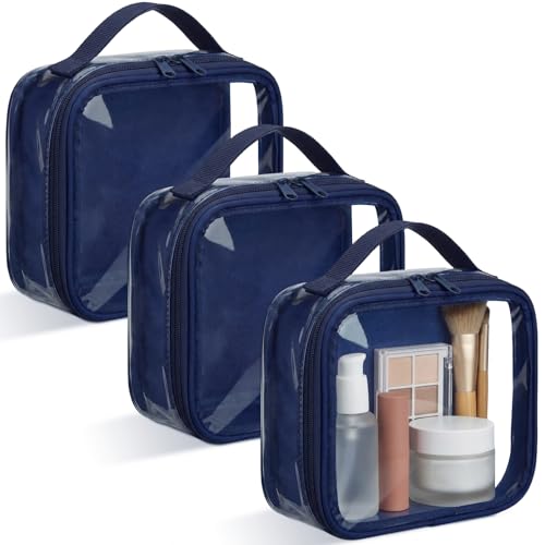 Abbylike 3 Pcs Small Toiletry Bags Reusable Quart Size Travel Liquid Pouch Single-sided Clear PVC Carry-on Organizer with Handle Cosmetic Bags for Airport Security Women Men(Navy Blue) - color: Navy Blue