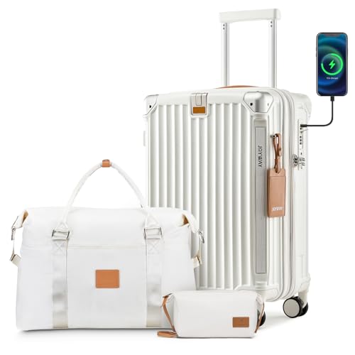 Joyway 20in Carry On Luggage with Cup Holder and USB Port, 25% Expandable Capacity, Smart Suitcase with Anti Slip Wheels and Handbag, Perfect for Men and Women 3 Piece Set White - color: White, size: Carry-On 20-Inch Handbag