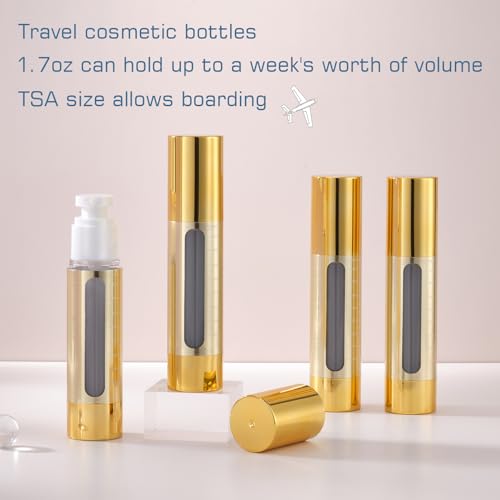Gold, 50ml empty cosmetic pump bottle with travel bag, refillable, vacuum pump bottle for lotion, toner, foundation make-up, hair oil, hand sanitizer and other liquids, 7 pieces (1.7 oz/50ml) - size: 50 ML