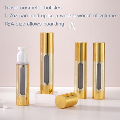 Gold, 50ml empty cosmetic pump bottle with travel bag, refillable, vacuum pump bottle for lotion, toner, foundation make-up, hair oil, hand sanitizer and other liquids, 7 pieces (1.7 oz/50ml) - size: 50 ML