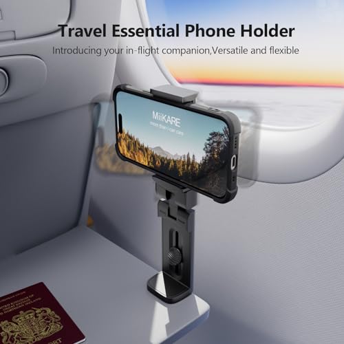 MiiKARE Airplane Travel Essentials Phone Holder, Universal Handsfree Phone Mount for Flying with 360 Degree Rotation, Accessory for Airplane, Travel Must Haves Phone Stand for Desk, Tray Table - color: Black