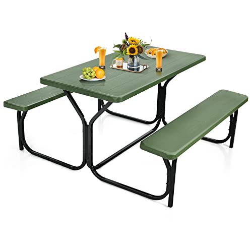 S AFSTAR Picnic Table Bench Set, 59” Expanded Rectangular Picnic Table, Outdoor Table and Bench W/Steel Frame & Wood-Like Texture Tabletop, Camping Table Chair Set for Garden Patio Lawn Deck (Green) - color: Green