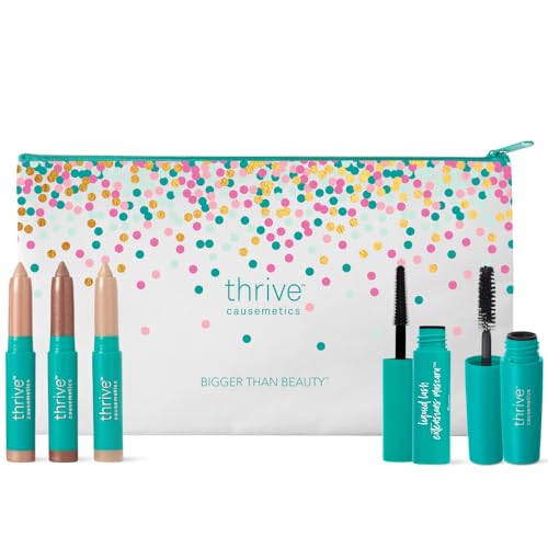 Thrive Causemetics Mini Makeup Essentials, Makeup Gift Set, Mini Liquid Lash Extensions & Volumizer Mini Mascaras, Brynn (Rich Black), Mini Eye Brightener Highlighter Sticks- 3 Shades