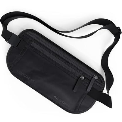 VENTURE 4TH Money Belt for Travel – Slim Hidden Under-Clothes RFID Blocking Anti-Theft Passport Holder & Travel Wallet Pouch for Men & Women to Protect Cash, Cards & Documents (Sleek Black) - color: Sleek Black